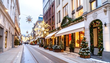 Fototapeta premium Winter evening city street, decorated for Christmas
