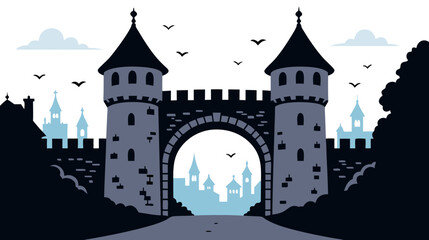 Obraz premium Castle gate with towers surrounded by mountains and blue sky 