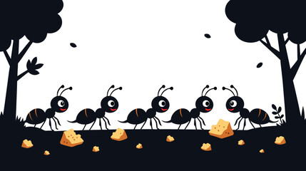 Cartoon ants marching in line towards food in a forest setting  