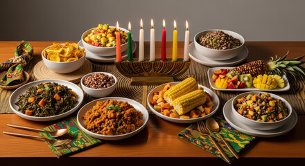 Festive Kwanzaa celebration showcasing a beautiful setup of dishes and Kinara. Kwanzaa celebration invites us to share delicious food and admire Kinara, symbol of principles.