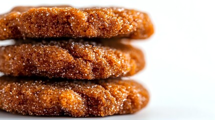 Freshly baked snickerdoodle cookies stacked, coated in cinnamon sugar with crispy edges and soft centers, macro food photography on white background.