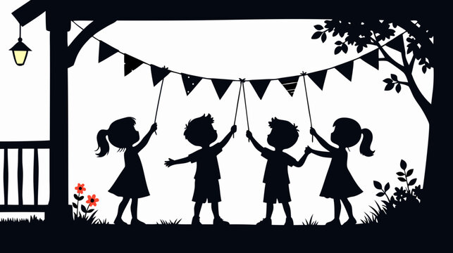 Four children playing together with colorful bunting in backyard  