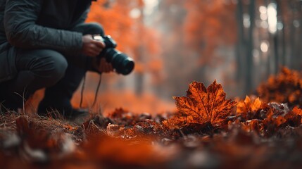 Naklejka premium Professional photographer crouching with camera near a glowing autumn leaf, dramatic focus and warm colors perfect for storytelling, creative workshops, and autumn inspiration.