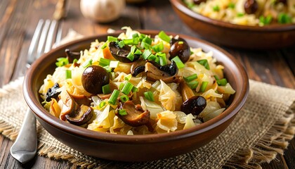 Savory saut?ed cabbage and mushrooms in a rustic bowl