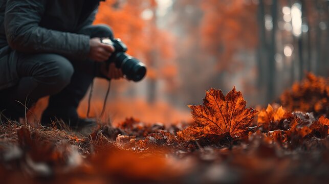 Professional photographer crouching with camera near a glowing autumn leaf, dramatic focus and warm colors perfect for storytelling, creative workshops, and autumn inspiration.