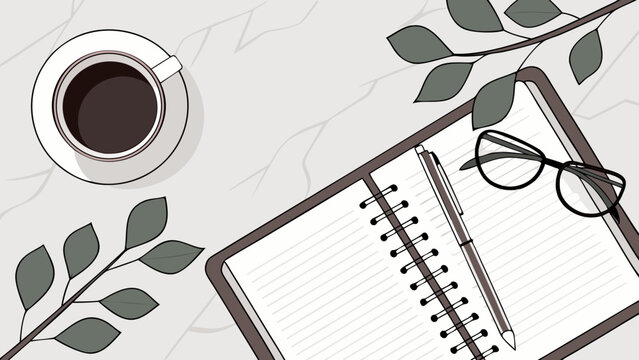 Flatlay illustration of coffee cup notebook pen glasses and leaves.