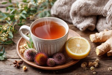 Herbal tea with lemon slice and spices on rustic wooden table in warm natural light. Cup of steaming herbal tea with echinacea, ginger, and lemon, surrounded by herbs and dried flowers