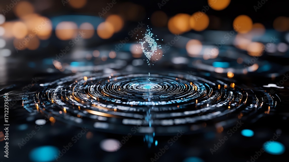Wall mural water drop creating circular ripples on dark reflective surface with glowing blue highlights and bok