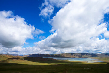 Fototapeta premium A breathtaking view of Mongolia’s natural landscape featuring a large flock of sheep grazing near a lake. The lush green steppe stretches endlessly under dramatic clouds and a wide open sky, showcasin