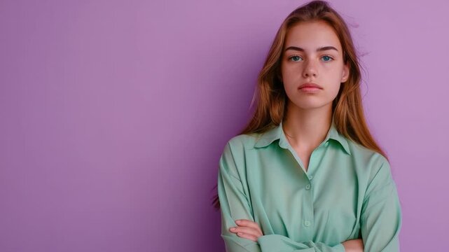 A woman wearing a green shirt stands with her arms crossed, possibly indicating confidence or assertiveness