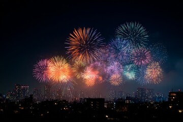Colorful fireworks light up the night sky over a city skyline during a festive celebration
