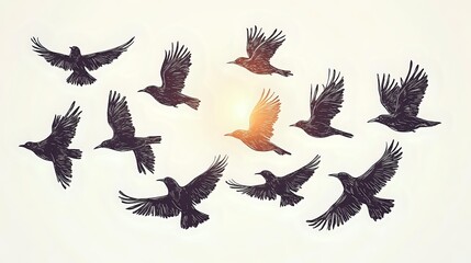 Obraz premium Silhouettes of flying ravens and crows against sunset sky, mystical dark birds in flight with spread wings, dramatic nature scene in warm tones.