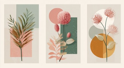 Abstract Floral Composition: Modern and artistic botanical illustrations showcasing delicate leaves and blooms, set against pastel geometric shapes.