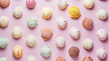 Background of colorful ice cream scoops. Mixed frozen dessert pattern.