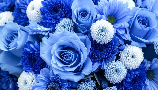 Close-up bouquet of blue roses and flowers