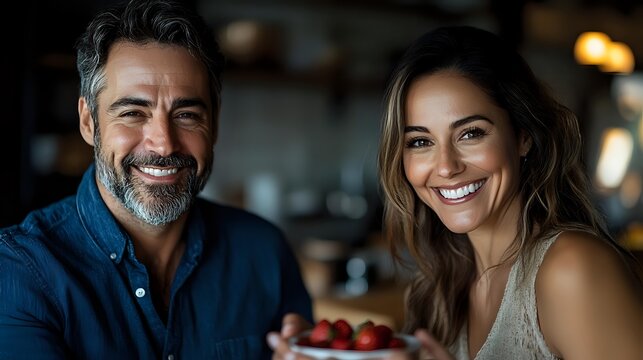 Mature man with gray beard and young woman with long brown hair sharing genuine laughter during casual dinner date at restaurant with warm ambient lighting. - Powered by Adobe