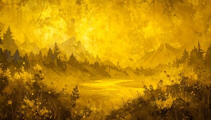 Golden mountain landscape painting