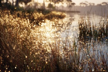 Obraz premium Morning sunlight sparkles on calm water and golden grasses by the lakeside at dawn