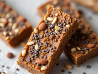 A Vegan Protein Bars Made From Dates, Almonds, and Cashew Butter, Scattered With Chia Seeds, Food Photography