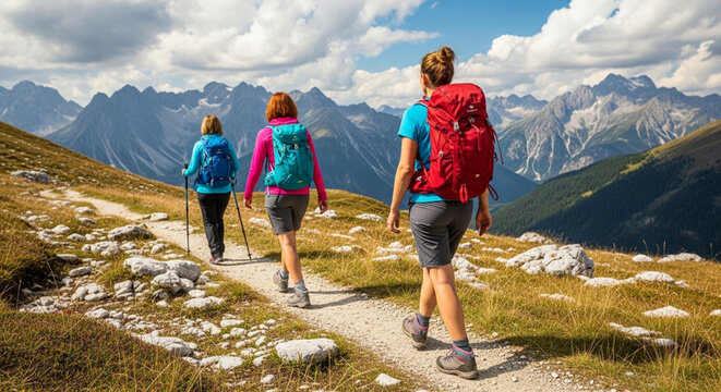 Group of Hikers Walking Along Mountain Trail in Scenic Alpine Landscape