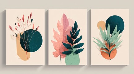 Abstract Botanical Art Triptych: A stylish triptych of artistic plant illustrations, offering a serene blend of minimalist shapes, soft colors, and botanical charm for a harmonious aesthetic