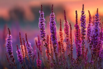 Colorful wildflowers bloom at sunset in a tranquil landscape surrounded by nature