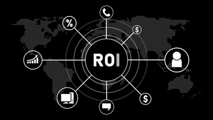 Global ROI concept with icons representing business growth finance communication and people on a dotted world map - Powered by Adobe