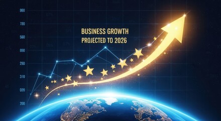 Business Growth Projected to 2026 with Upward Arrow and Globe in Digital Data Visualization