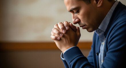 Man in prayer expressing faith while sitting indoors, man in prayer with hands clasped. Deeply faithful, man in prayer seeks guidance and solace, showing sincere hope.