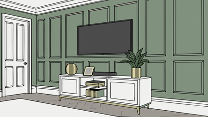 Modern Living Room Interior Design with Flat Screen TV and Green Walls.