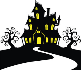 A spooky, silhouetted haunted house with glowing windows sits atop a hill, flanked by gnarled trees and approached by a winding path.