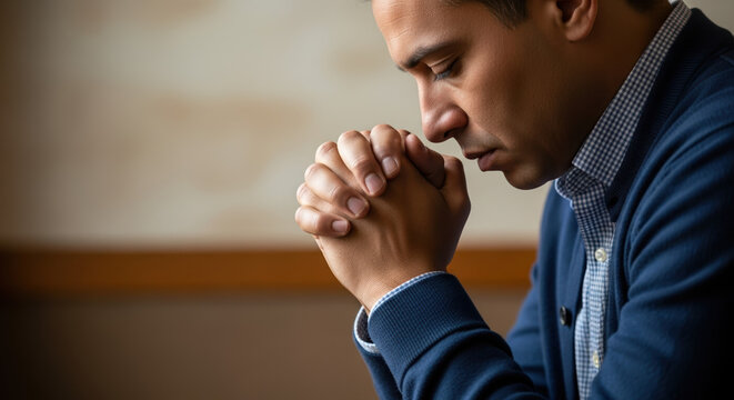 Man in prayer expressing faith while sitting indoors, man in prayer with hands clasped. Deeply faithful, man in prayer seeks guidance and solace, showing sincere hope.