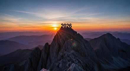 Sunrise Over Mountain Peak with Year 2026 Sign in Early Morning Light