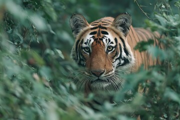 Majestic tiger peers through foliage in a lush forest environment during the daytime