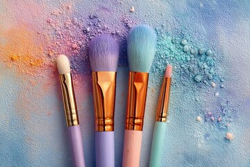 Colorful makeup brushes on a pastel background with cosmetic powders scattered around