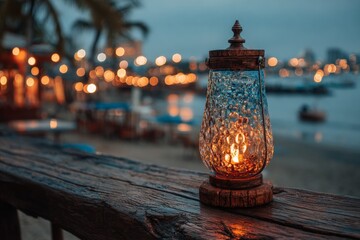 Lantern glowing on wooden railing with beach and lights in background during twilight