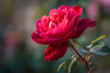 Beautiful close-up of a vibrant red rose blooming in a garden during the evening light
