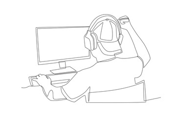 Man playing competitive PC games. Co‑op game concept one-line drawing