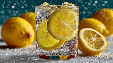 Refreshing Lemon Drink with Ice and Whole Lemons