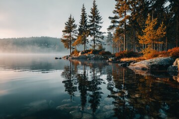 Serene lakeside view with trees reflecting on calm water at dawn in a tranquil forest setting