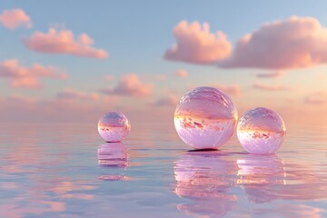 Floating translucent spheres reflect pastel clouds over a tranquil water surface at sunset