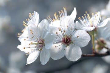 Beautiful white cherry blossoms blooming on branches in spring sunlight against a soft background