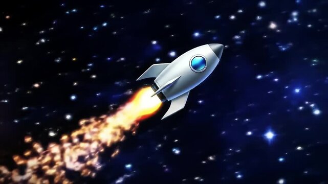 Illustration of a silver rocket ship launching into the vast, star-filled cosmos, leaving a trail of fiery exhaust symbolizing exploration and innovation