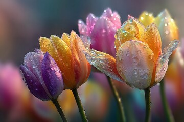 Colorful tulips with raindrops glistening in a vibrant garden during early spring in the morning light