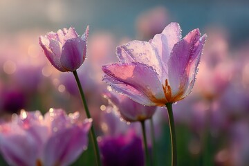 Beautifully blooming tulips glisten with morning dew in a vibrant flower field during spring