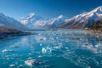 Majestic mountains and floating icebergs create stunning natural beauty in a pristine glacial lake at sunrise
