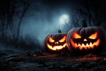 Carved pumpkins glow brightly in a dark forest during Halloween night