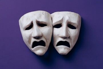 Tragic and comic masks representing emotions in dramatic arts displayed on a purple background