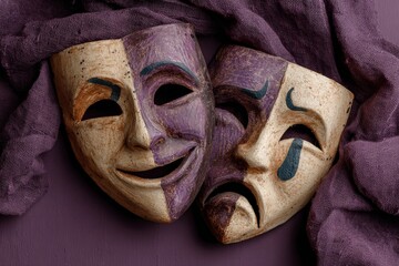 Wooden theatrical masks representing comedy and tragedy on a purple background with textured fabric