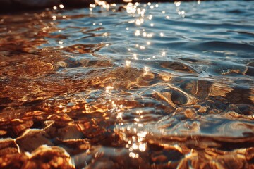 Sunlight reflecting on clear water surface over pebbles in a serene lakeside setting during evening hours